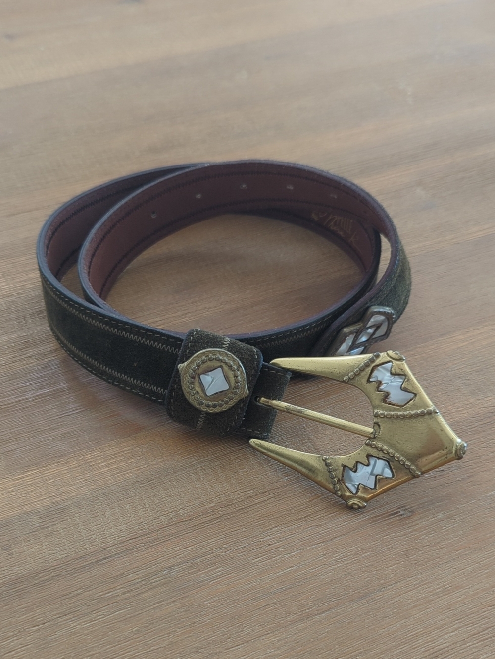 Linea Pelle Olive Suede Belt with Brass Decorative Buckle